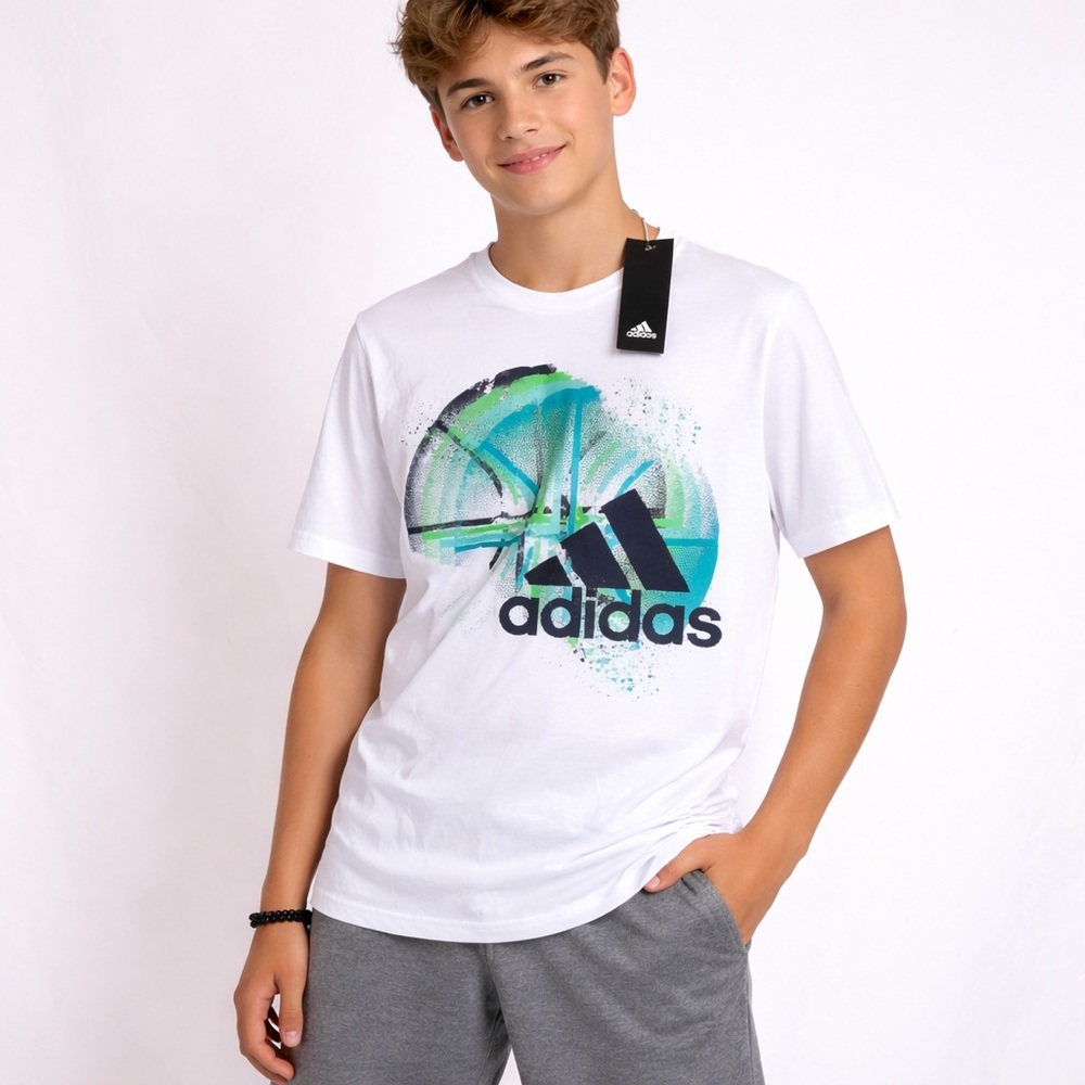 Adidas Graphic T-Shirt White Green Logo NWT Size L Youth 14/16